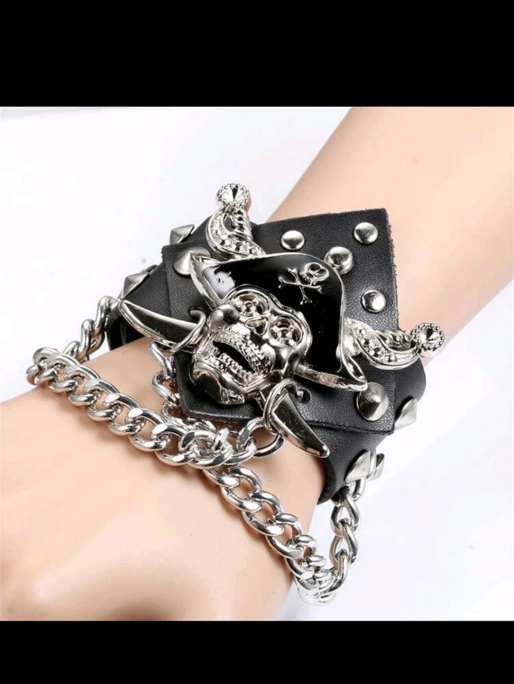 Pirate Skull Studded Leather Bracelet with Chain - Black
